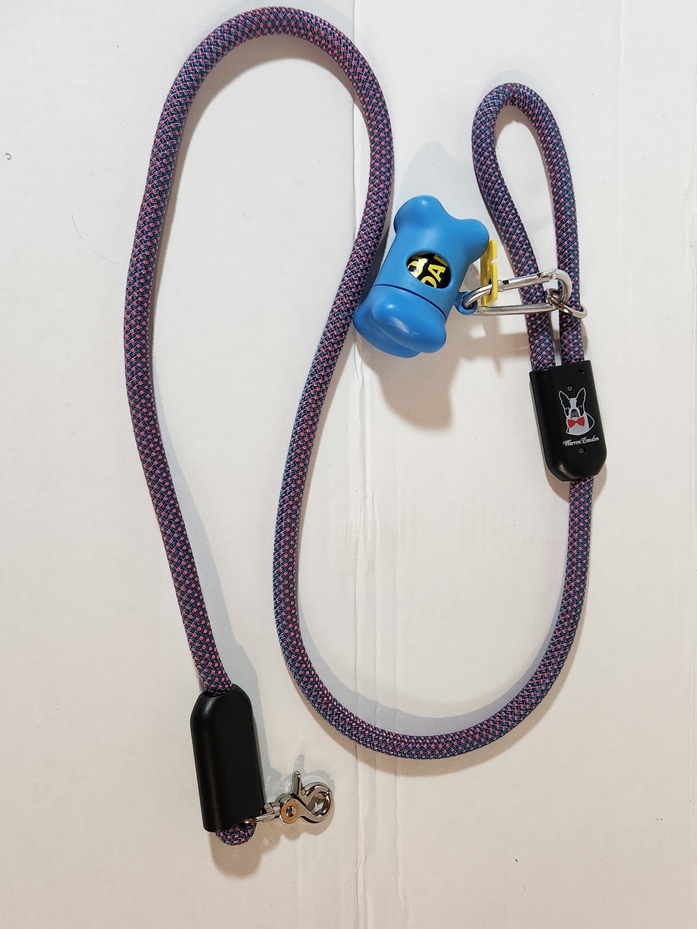 Blue-Pink Braided Rope Dog Leash with Blue Bone Waste Bag Holder